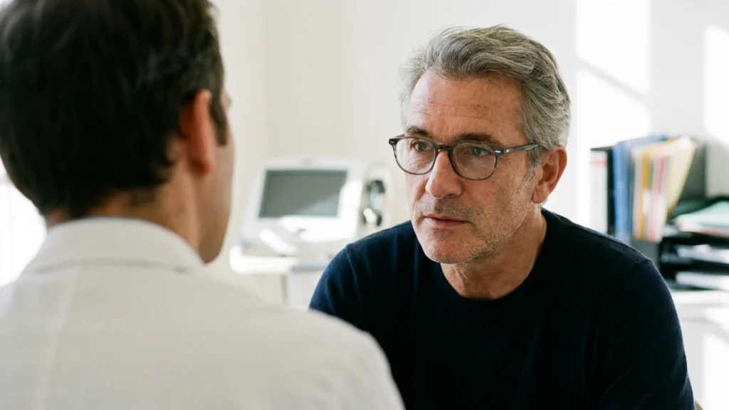 Patient de 55 ans en consultation de médecine esthétique à la Clinique Spontini, Paris 16e