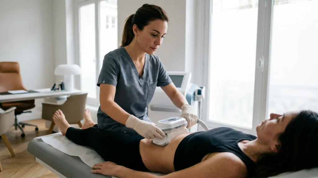 Séance de cryolipolyse médicale sur l'abdomen à la Clinique Spontini, Paris 16e