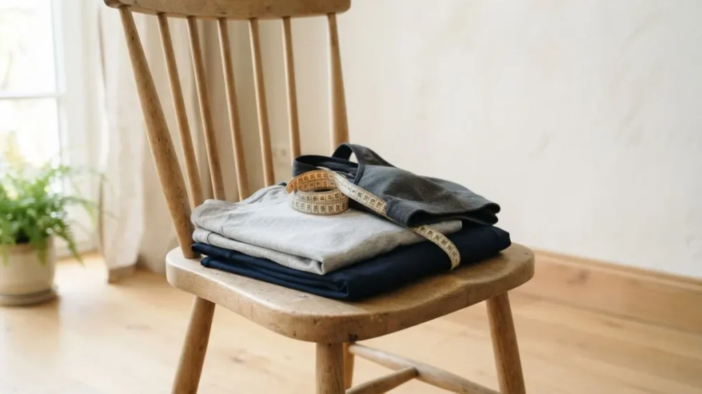 Vêtements pliés et mètre ruban sur une chaise