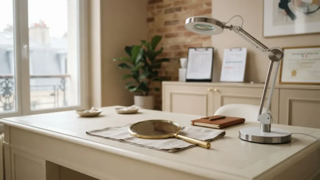 Miroir à main et lampe d'examen sur une table de consultation