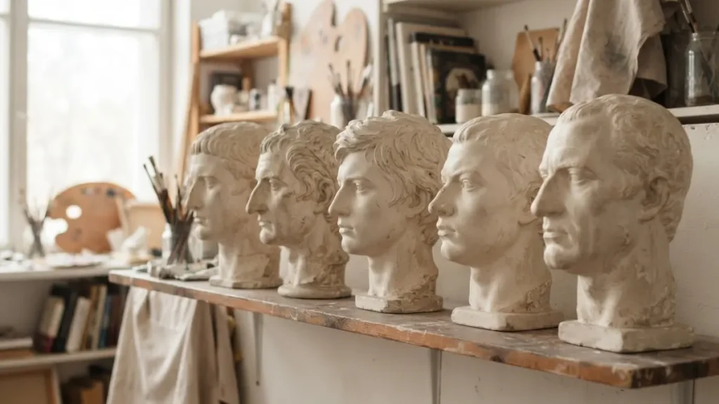 Bustes en plâtre vus de profil montrant différentes formes de nez