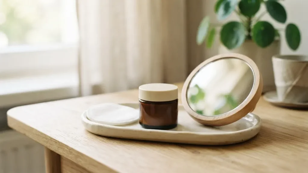 Crème pour le contour des yeux et coton sur une table claire