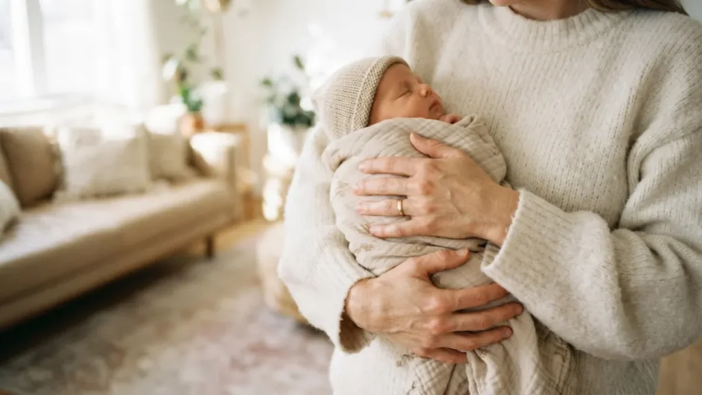 Jeune mère et son bébé, évolution des seins après la grossesse