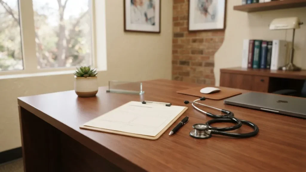 Bureau de consultation médicale avec stéthoscope