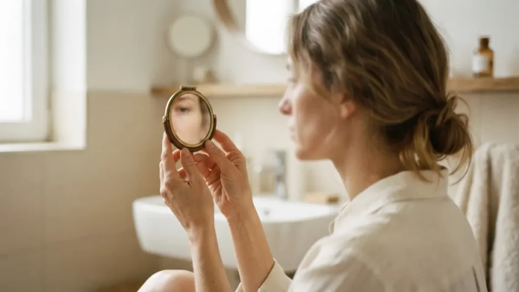 Personne observant le profil de son nez dans un miroir de poche