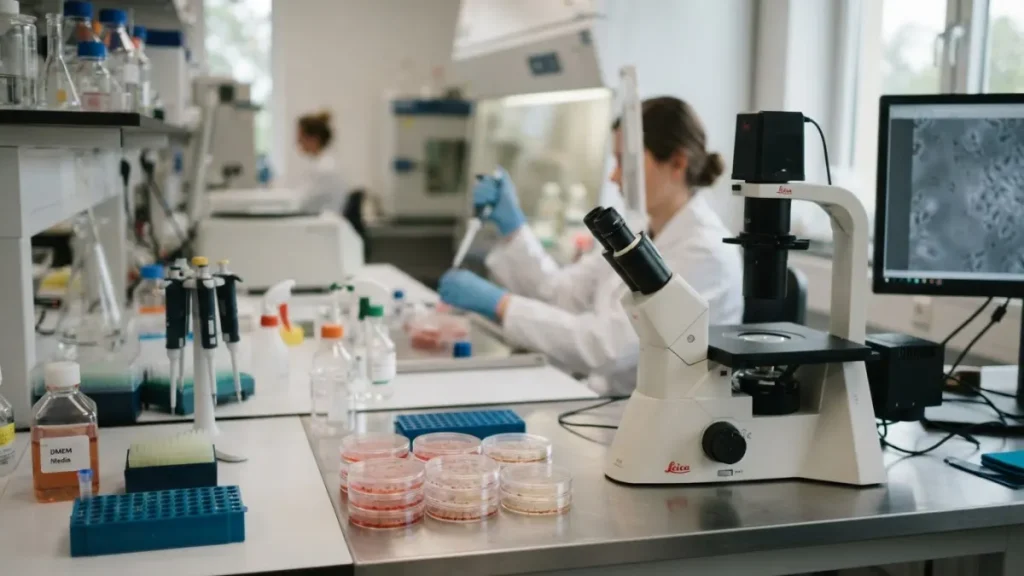 Laboratoire de culture cellulaire avec microscope et boîtes de Petri