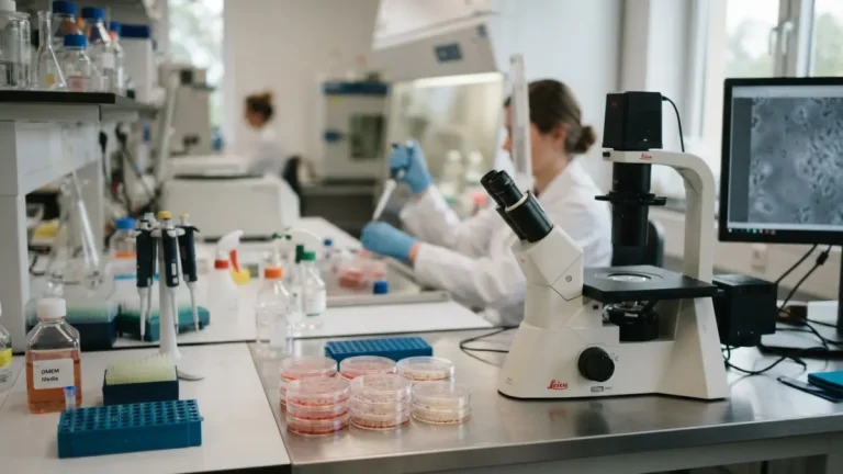 Laboratoire de culture cellulaire avec microscope et boîtes de Petri
