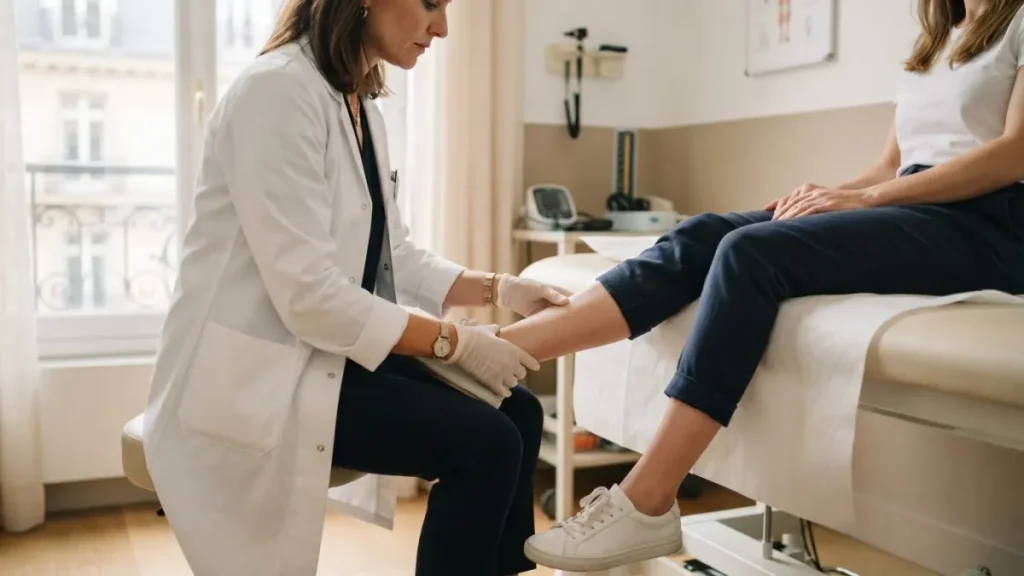 Médecin examinant les jambes d'une patiente en consultation