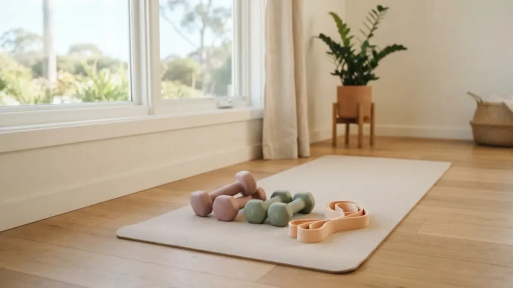 Haltères légers et bande élastique sur un tapis de sport