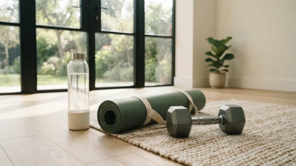Tapis de sport, haltère et bouteille d'eau dans une salle claire